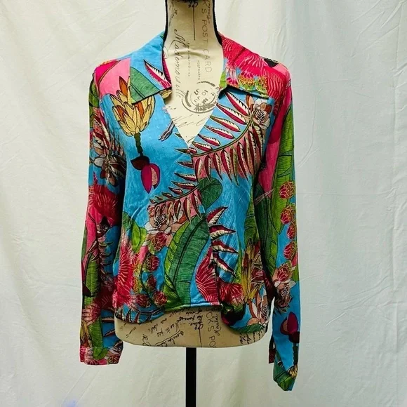 Rachel Rachel Roy Tropical Floral Leaf Bird Print Wrap Top Long Sleeve Large - Picture 3 of 12